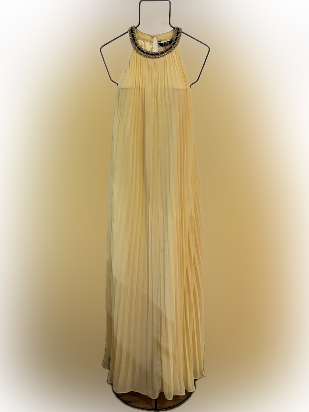 TOV Yellow Pleated Diamante Evening Gown
